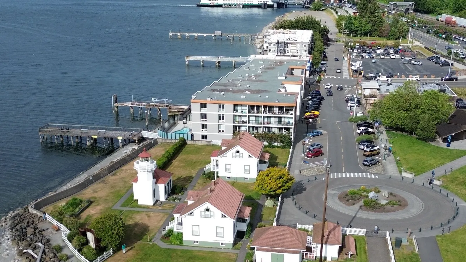 Mukilteo’s waterfront, with the lighthouse, historic houses, and the ferry dock on Possession Sound